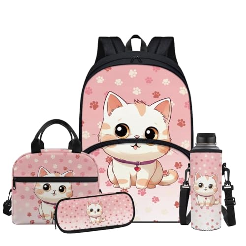 Cute Cat School Backpack for Girls 4 Piece Backpack Set with Lunch Box Pencil Box Water Bottle Portable Large Backpack for Girls Backpack for School Travel