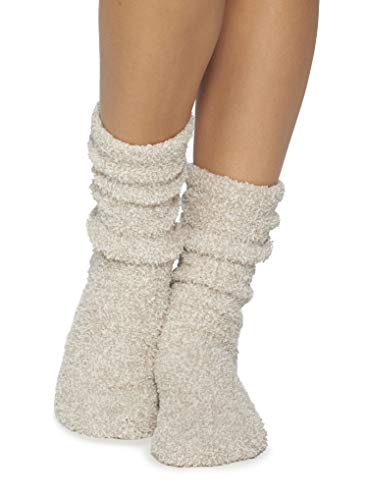 Barefoot Dreams CozyChic Women Heathered Socks, Crew Socks, Plush Socks, Loungewear, Warm Toes, Fuzzy Socks- Stone/White-Oyster/White (Set of 2)