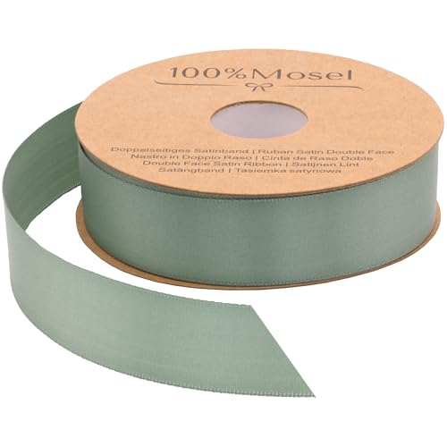 100% Mosel Satinband in Eukalyptus Grün (25 mm x 25 m) matt glänzendes Geschenkband edles Schleifenband zum Dekorieren & Basteln zum Einpacken besonderer Geschenke für Hochzeiten Taufen uvm.