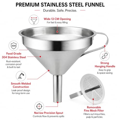 Image of Stainless Steel Funnel with Removable Strainer, 11 cm Wide Mouth Metal Funnel for Bottling Oil, Juice, Powder & Liquid Transfer, Kitchen Filling for Jars, Bottles and Containers