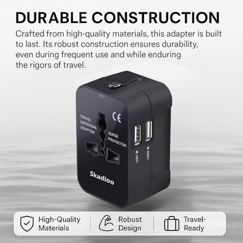 SKADIOO International Travel Adapter | Universal Charger Adapter with Dual USB Port | 2.1A Fast Charging | Multi Plug Adapter 100-250V for Worldwide Travel | Compact All-in-One Design (Black)