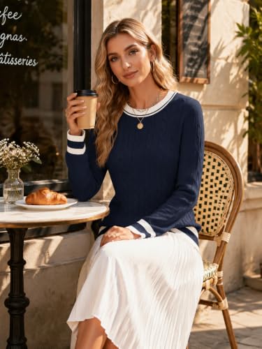 Image of Rapbin Women's Contrast Trim Knit Sweater Long Sleeve Crew Neck Pullover | Color Block Soft Lightweight Regual fit,Business Casual Work,Fashion Versatile Fall Spring Outfits,Winter Layer Clothing