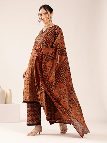 Image of Vbuyz Women's Ajrakh Print With Sequin Work Straight Kurta Palazzo With Dupatta