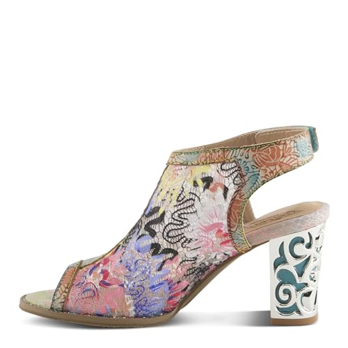 L'Artiste Women's WOWZA Hook-and-Loop Leather Sandals – Hand-Painted Design, Vibrant Mesh Upper, Crystal Embellishments, Chunky Metallic Heel3