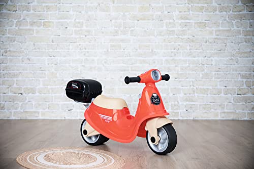 Smoby - Porteur Scooter Food Express - Rouge - Roues Silencieuses - Porte-Bagage - Mallette Amovible - Coffre à Jouets, Phare, Clé Mécanique - Dès 18 Mois