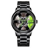 JOATVEE Relojes de rueda de coche para hombres, resistente al agua, de acero inoxidable, analógico, de cuarzo, deportivo, con llanta de coche, diseño de buje, para hombre, Banda de acero verde,