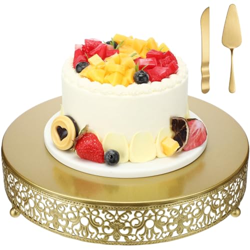 Wenqik 12 Inch Gold Cake Stand Metal Round with Cutter Spatula, Classic