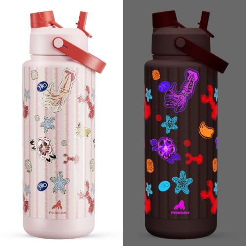 Image of POWCAN 40 oz Insulated Water Bottle with 2-in-1 Straw and Spout Lid, Glow-in-the-Dark, 24H Cold, Leakproof, BPA-Free, Double Wall Stainless Steel for Sports, Gym, Travel, and School (Reef Carnival)