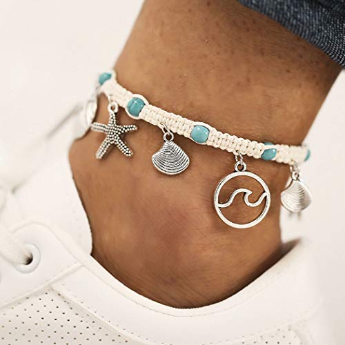 Preisvergleich Produktbild Sethexy Boho Seestern Fußkettchen Armband Silberne Muschel Welle Anhänger Fußkette Gewebtes Seil Türkis Perlen Sandstrand Fußschmuck für Frauen und Mädchen (1St.)