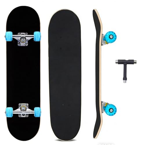 Complete Skateboards- Standard Skateboards for Beginners Kids Boys Girls Teenager- 31''x8''Double Kick Concave, Fascinating Cool, Solid&Durable (All Black)