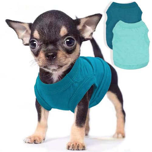 2 Pieces Dog Clothes for Small Dogs Girl Boy Chihuahua Clothes Summer Puppy Soft Dog Shirt Solid Color Pet Clothing Cute Cat Cloth, XXS,Green,Blue