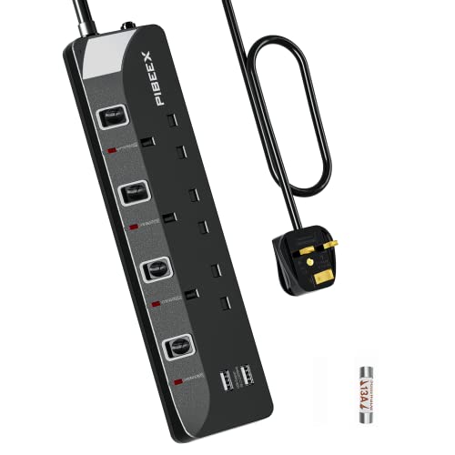 Extension Lead with USB Slots, 3 Way 2 USB Power Strip(13A/3250W), Multi Plug Extension Socket with Individual Switches, 1.5M UK Power Socket for Home Travel