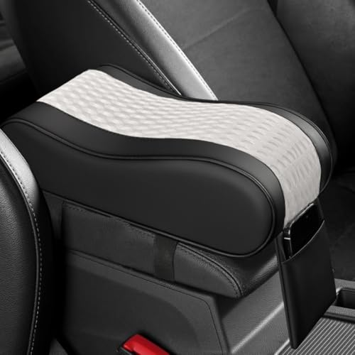 Tuxihapp Car Armrest Cushion, Memory Foam Auto Center Console Armrest Pillow Pad with Storage Bag, Breathable Leather Middle Console Protective Pad with Phone Holder Relieve Elbow Pressure (WhiteGray)
