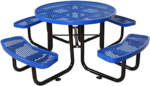 Vumall 46" Round Commercial Picnic Tables For Outdoors, All Metal Picnic Table With Umbrella Hole, Heavy Duty Waterproof Picnic Tables For School, Hospital, Company, Blue #TOP5