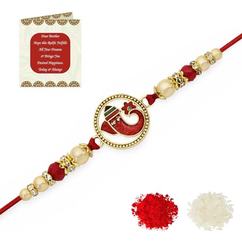 Image of Riddhika Ventures Religious Gold Plated Meenakari Sacred Ganesha Rakhi with Roli Chawal and Greeting Card