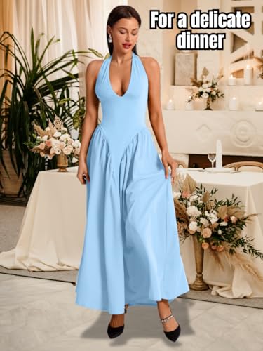 Image of ChiaoLezhee Deep V Neck Dress, Halter Maxi Dresses, Vacation Date Night, Sexy for Women Corset Flowy Wedding Guest Drop Waist