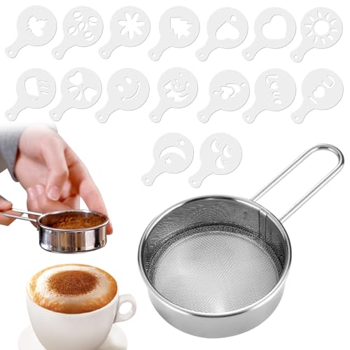 Espolvoreador de Acero INOX, tamizador de harina reposteria espolvoreador cacao y canela espolvoreador de cacao flour shaker con 16 plantillas de café para café bricolaje de cocina