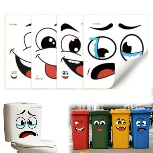 4 Bögen lustige Mülltonnen-Aufkleber, 20 cm groß, wasserdicht, Cartoon-Ausdrücke, Mülleimer, selbstklebende Aufkleber, dekorative Aufkleber, Augen und Mund, DIY-Vinyl-Aufkleber für Kühlschrank, WC