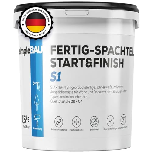 simpleBAU Spachtelmasse Weiß Innen 1,5 kg – Gebrauchsfertige Fertigspachtel für Wand & Decke, Polymer-Spachtelmasse Start&Finish – Glätten, Füllen & Reparieren, Staubfrei & Leicht Schleifbar