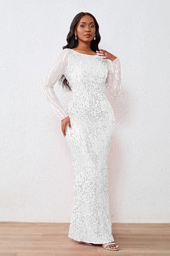 Image of VERWIN Women's Sequins Bodycon Round Neck Long Sleeve Sparkly Mermaid Maxi Dress for Casual Party Cocktail