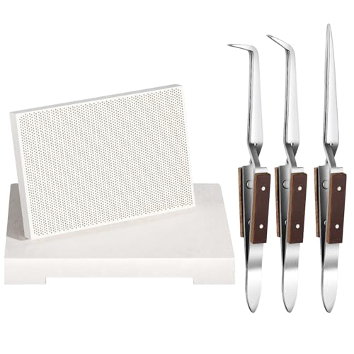 Gisafai 2 Pcs Soldering Block with 3 Pcs Reverse Lock Tweezers Honeycomb Ceramic Boards with Soldering Tweezers Jewelry Welding Board with Tweezer Mat Kit for Jewelry Making Tool