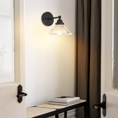 Image of Vintage Wall Sconce 1-Light with Clear Ribbed Glass Shade, Industrial Hardwired Wall Light Fixture for Bedside Living Room Vanity Bathroom Hallway