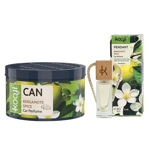 Image of Kooji Can Car Perfume + 5ml Car Hanging Perfume Pendant (Free) - Bergamot Spice Scent - Long-Lasting, Alcohol-Free, Oud & Saffron Oriental Fragrance - For Car, Home, Office Use - Lasts Up to 60 Days