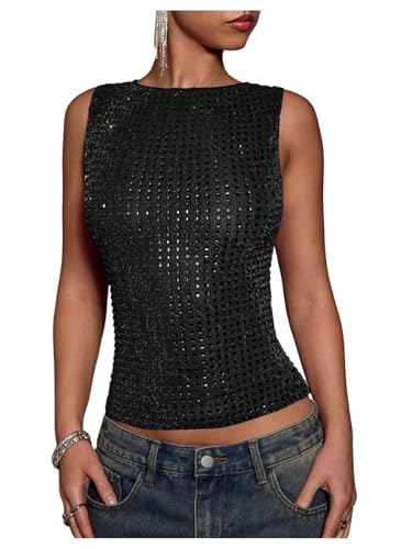 OYOANGLE Women's Sparkly Rhinestone Shirt Sleeveless Crew Neck