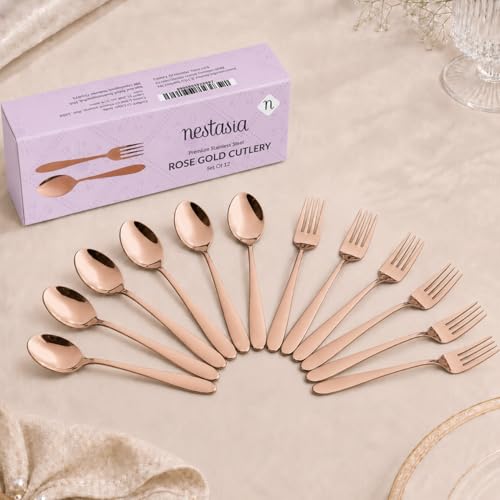 Image of Nestasia Stainless Steel 12 Piece Cutlery Set for Dining Table - Rust & Stain Resistant 6 Spoons & 6 Forks with Glossy Finish | Rose Gold PVD-Coated Flatware Set for Home, Kitchen & Gifting