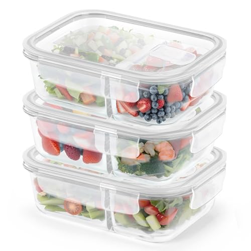 Mapille 3 Piezas Tupper cristal hermetico,1040ml Cajas Bento Calidad Alimentaria,con 2 Compartimentos y Tapa,Envases de Vidrio Herméticos,Apto para lavavajillas,Microondas y congelador