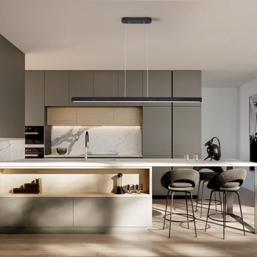 Image of 55 Inch LED Linear Pendant Light Black Wood LED Kitchen Island Lighting Dimmable Ceiling Hanging Chandeliers for Dining Room Living Room Bar Pool Table 36W Modern Farmhouse Fixture Black Wood Finish