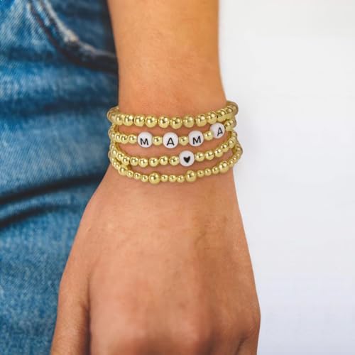 Emibele Mama Bracelet Stack 4Pcs, Love Heart Mom Beaded Bracelet Set, Elastic Stackable Stretch Bracelet for Women Mother Day Gift, Gold - Afbeelding 4