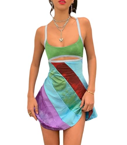 Y2k Rainbow Dress for Women Spaghetti Strap Vintage Bodycon Mini Dress 13 Going On 30 Party Club Dresses(Green S)
