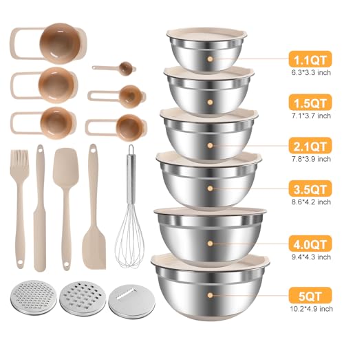 Mixing Bowls with Airtight Lids Set, 20 PCS Kitchen Gadgets Set, 6 Stainless Steel Bowls,3 Grater Attachments,Non-Slip Silicone Bottoms,Great for Serving&Baking,Size 5, 4, 3.5, 2.1, 1.5, 1.1QT (Khaki) - Image 3