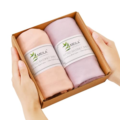 Image of MEILA Bassinet Fitted Sheets Compatible with Mika Micky, Dream On Me, Maxi-COSI, AMKE, Baby Delight Bassinet, 100% Jersey Cotton Beside Bassinet Sheet for Baby Boy, Pack of 2（33"×20"