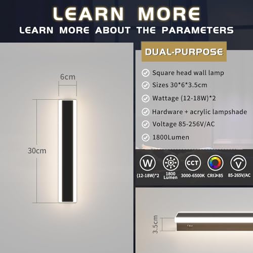 Mikeru 2Pack Garden Wall Light, 30cm Rectangular Outdoor Wall Lights 3 Color 3000k Warm White/4500k Neutral Light/6500k White Color12W Outside Wall Lighting Mains Powered for Courtyard, Villa