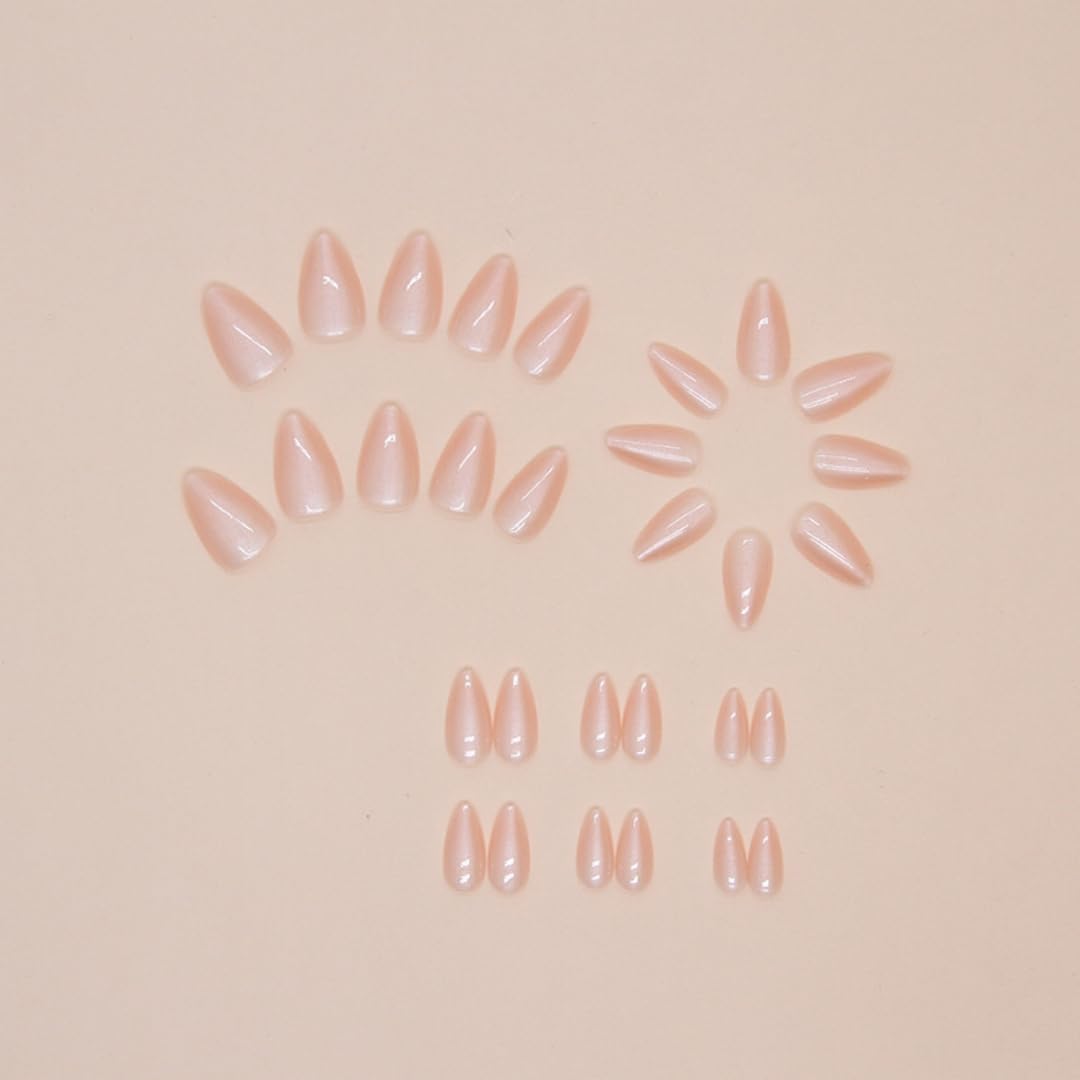 KQueenest Chrome Pastel Pink Press on Nails Short Almond, Glazed Glitter False Nails Short Stiletto, Acrylic Fake Nails Set with Bling Mirror Effect, Soft Gel Stick on Nail for Women Wedding 30 Pcs - Image 4