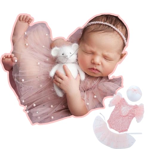 Image of M&G House White/Pink Lace Newborn Photography Outfits Girl Newborn Photography Props Newborn Girl Pearl Lace Christmas Gift