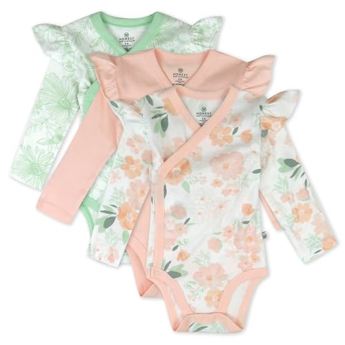 Image of 3 Pack Long Sleeve Side Snap Ruffle Shoulder Bodysuit 100% Organic Cotton for Infant Baby and Toddler Girls