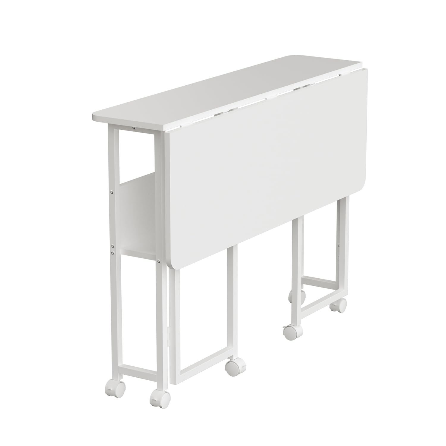Maclean MC-126 W składane przenośne biurko, białe, 100 x 58 cm, z regałem, stalowy stelaż, obciążenie 50 kg, stolik pod komputer, stół roboczy, stół biurowy, stół na kółkach