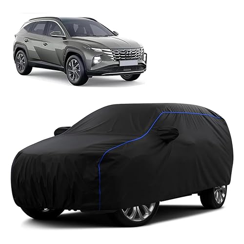 Image of Sulfar 100% Water Resistant Car Body Cover Compatible with Mirror for Hyundai Tucson (Triple Stitched, Full Bottom Elastic, Black Tafetta with Blue Piping)