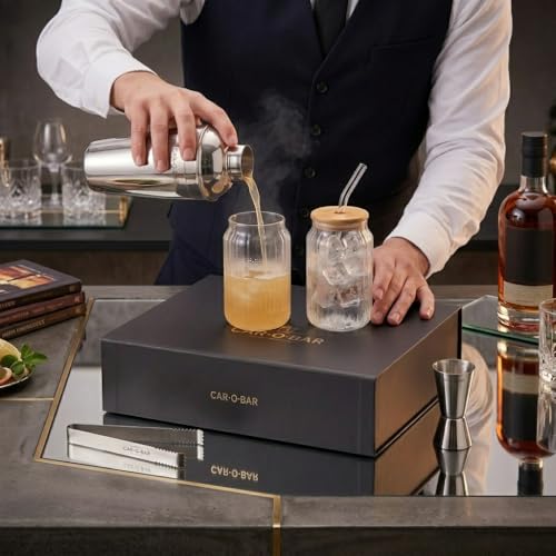 Image of Car-O-Bar Silver Bar Set with Glasses Gift Set | 5 Pieces Bartender Kit: Cocktail Shaker, Jigger, Ice Tong, Set of 2 Cocktail Sippers