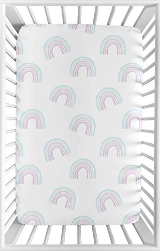 Sweet Jojo Designs Pastel Rainbow Girl Fitted Mini Crib Sheet Baby Nursery for Portable Crib or Pack and Play - Blush Pink, Purple, Teal, Blue and White