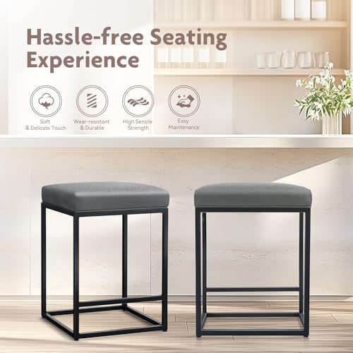 Butacos de barra ALPHA HOME, altura 24 pulgadas, juego de 2, color gris con cojín y patas negras, estilo moderno, estructura de metal y asiento de cuero sintético miniatura 3