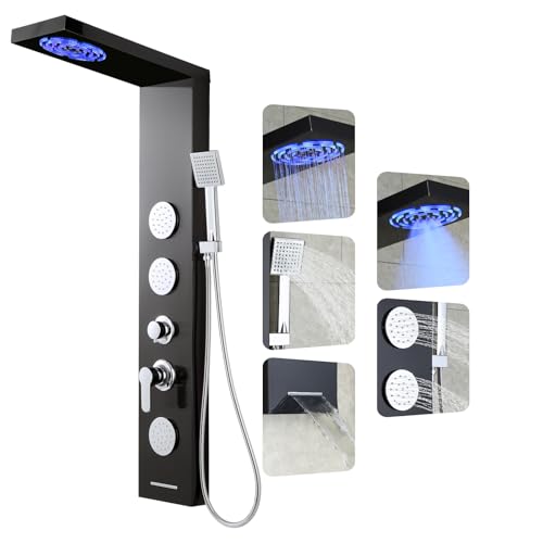 ROVOGO Shower Panel Tower System with Led Lights, 2-Mode Shower Head, 3 Body Jets, Handheld and Tub Spout, 46.5\"H x 7.8\"W Stainless Steel Shower Column with Mixer Valve, Black