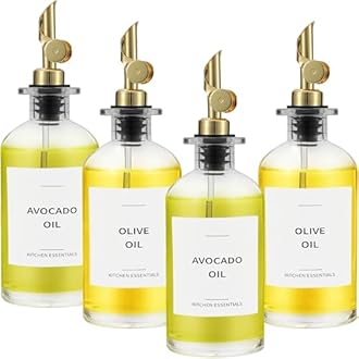 Spaceneat Olive Oil Dispenser Bottle - Includes 55 Kitchen Essential Labels - Cooking Oil Bottles for Kitchen, Coffee Syrup Dispenser - Pourer Spout with 11.8 fl oz Glass Container Cruet - 4pcs, Gold