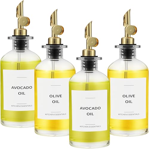Spaceneat Olive Oil Dispenser Bottle - Includes 55 Kitchen Essential Labels - Cooking Oil Bottles for Kitchen, Coffee Syrup Dispenser - Pourer Spout with 11.8 fl oz Glass Container Cruet - 4pcs, Gold