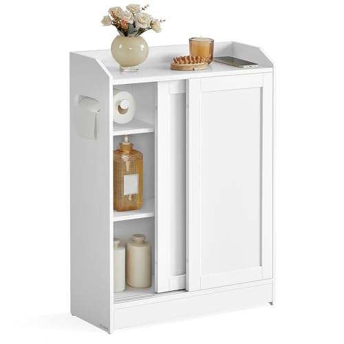 VASAGLE Narrow Storage Cabinet, Slim Floor Cabinet with Sliding Doors, Toilet Paper Holder and Brush Compartment, for Bathroom and Living Room, 7.9 x 23.6 x 31.5 Inches, Cloud White UBBC752W