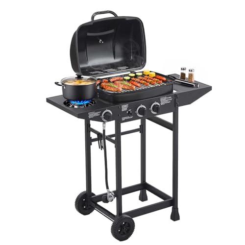 Unovivy 2-Burner Portable Propane Gas Grill with Side Burner, BBQ Grill with Built-in Thermometer,...
