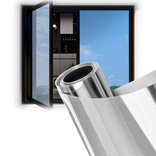 Silberne reflektierende Einweg-Fensterfolie für den Sichtschutz und hitzeblockierende, statisch haftende Verdunkelungsfolie für Glasfenster zu Hause (50 x 50 Stück)